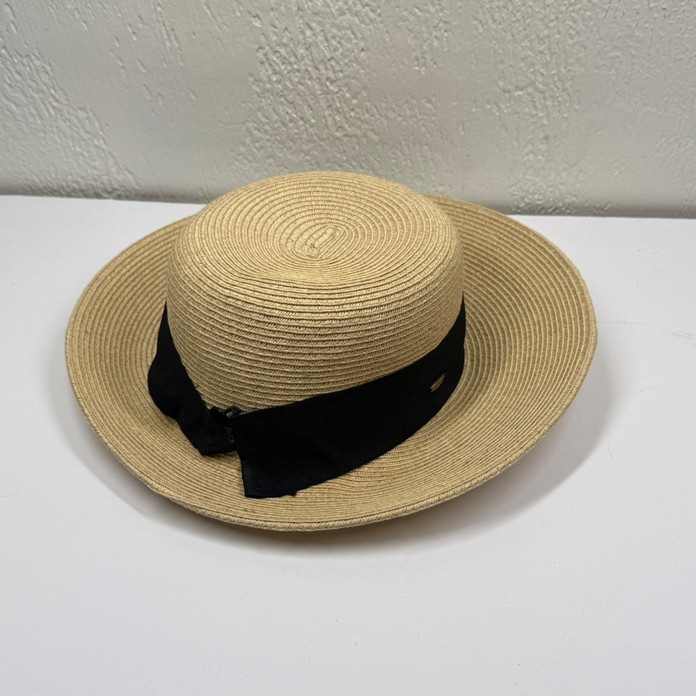 Scala Boater Hat Wide Brim Straw Natural Black Ribbon Lightweight Size One Size